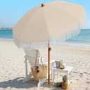 AreShark 7ft Patio Umbrella with Fringe, UPF50+ Beach Umbrella for Table, Pool & Garden, Portable Outdoor Tassels Umbrella w/Fiberglass Ribs&Push Bottom Tilt(Ivory)
