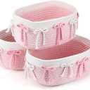 Geelin 3 Pcs Pink Bow Baskets for Gift Coquette Cute Woven Rope Gift Baskets Rectangle Shelf Organizer Laundry Hamper Storage Bins for Closet Bedroom Nursery Toys Organizing, 11.8''x7.8''x4.7''