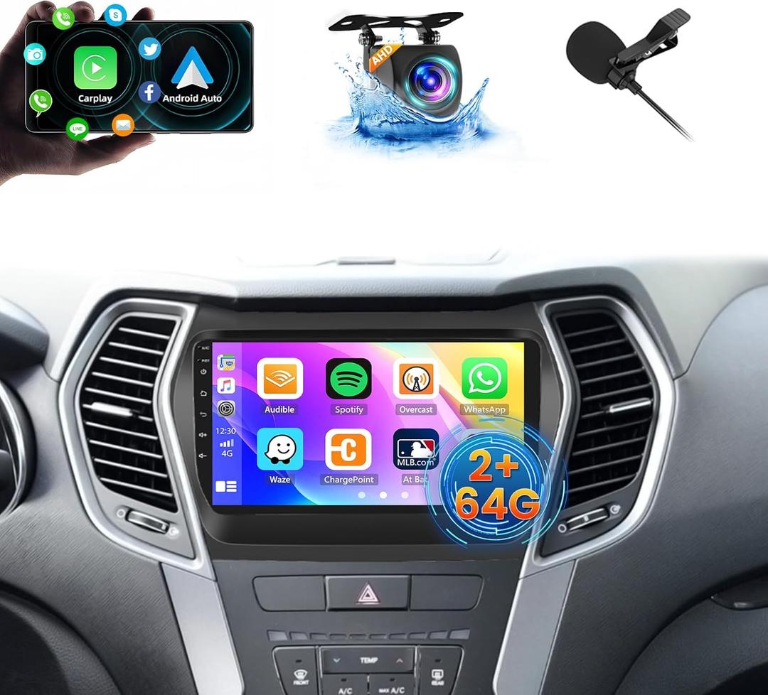2+64G Inefala Android 15 Car Radio for Hyundai Santa Fe 2013-2017 with Wireless CarPlay Android Auto, 9 Inch HD Touchscreen Stereo with GPS WiFi Bluetooth FM/RDS SWC Backup Camera MIC