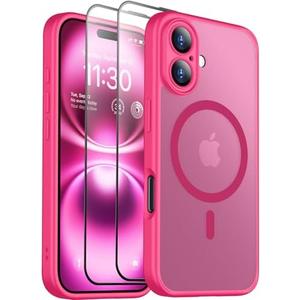 SPIDERCASE Designed for iPhone 16 Case, Magnetic Translucent [2+Tempered Glass Screen Protector] [Full Camera Protection] Anti-Fingerprint Anti-Scratch for iPhone 16 6.1”, Hot Pink 2 Pack