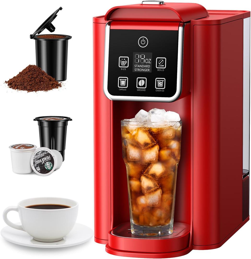 SHARDOR Single Serve Coffee Maker, Hot & Iced Coffee Machine for K Cup and Grounds, 6 To 14 Oz Brew Sizes, 50 Oz Removable Water Tank, Bold Brew Setting, Pod Coffee Maker with Reusable Filter, Red