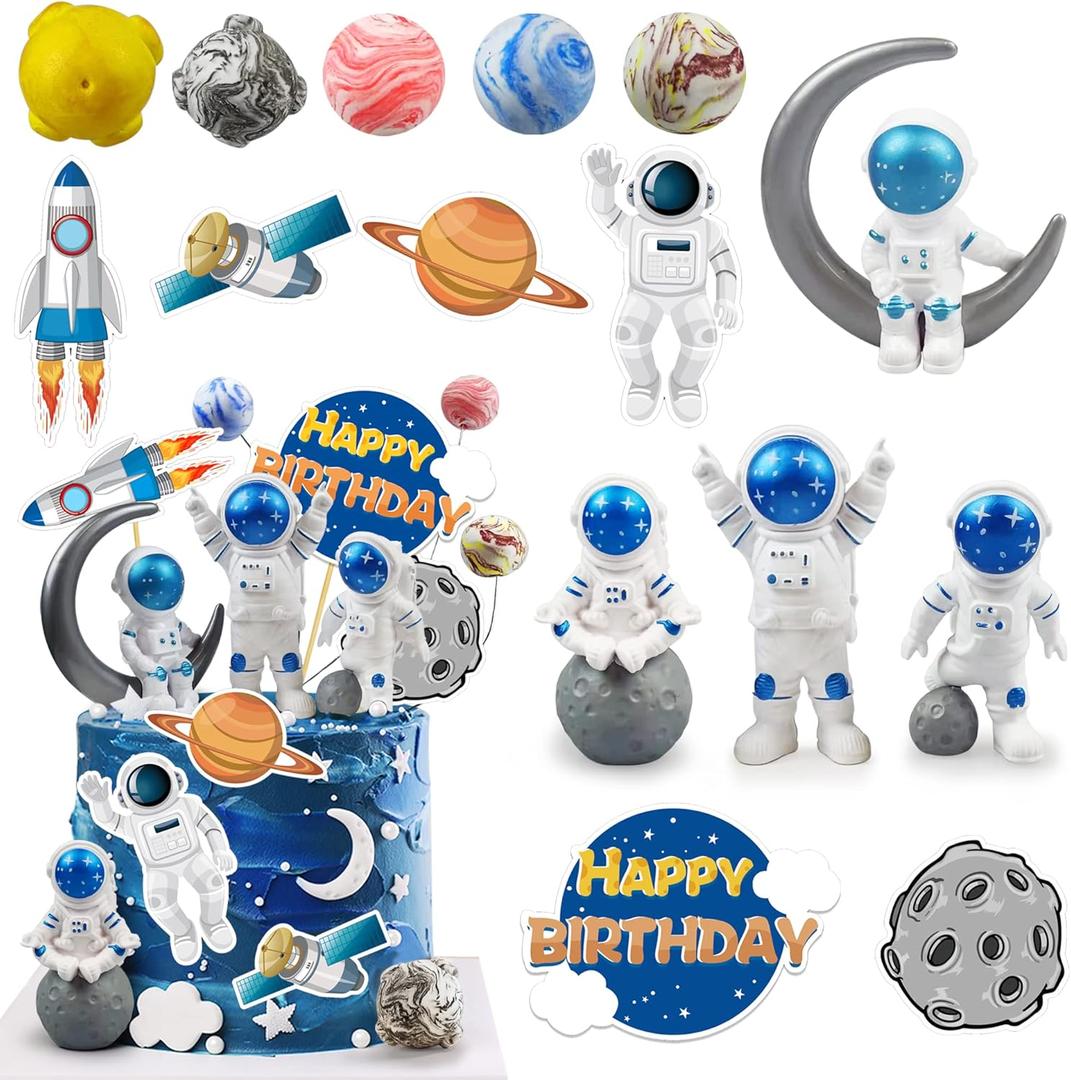 Astronaut Figurines Space Cake Toppers Astronaut Planet Rocket Satellite and Star Space DIY Cake Toppers for Space Theme Party Birthday Party Baby Shower Supplies (Blue)