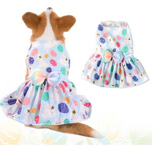 Easter Day Dog Costume Dress L, Green Clover Print with Satin Bow, White Pet Dress for 11-13 lbs Dogs and Cats, Holiday Party Clothing, Color: Light Blue, M