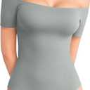 MANGOPOP Women's Off The Shoulder Long Sleeve Short Sleeve Bodysuit Sexy Backless Body Suit Tops (Large),Short Sleeve Elephant Grey