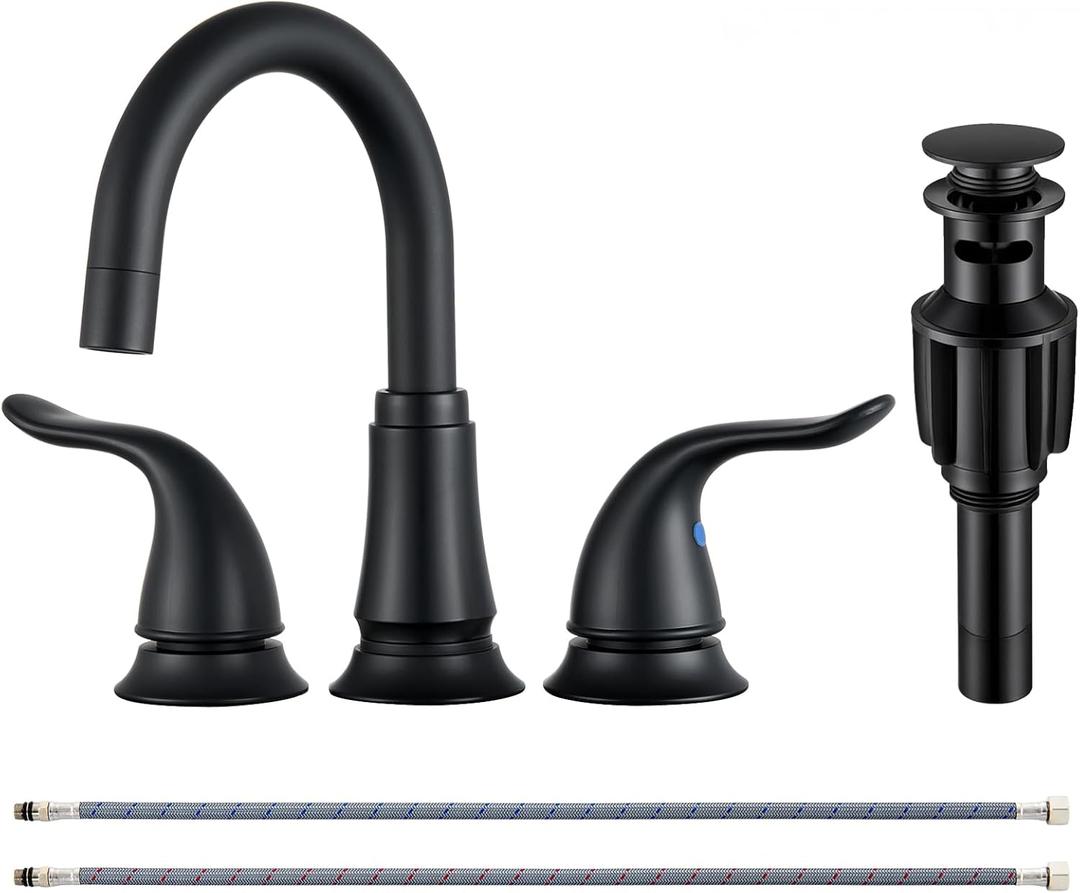 KPW Matte Black Bathroom Faucet 3 Hole, 8 Inch Widespread Bathroom Sink Faucet with Pop-up Drain Assembly and Supply Lines, Two Handle for Lavatory, Restroom