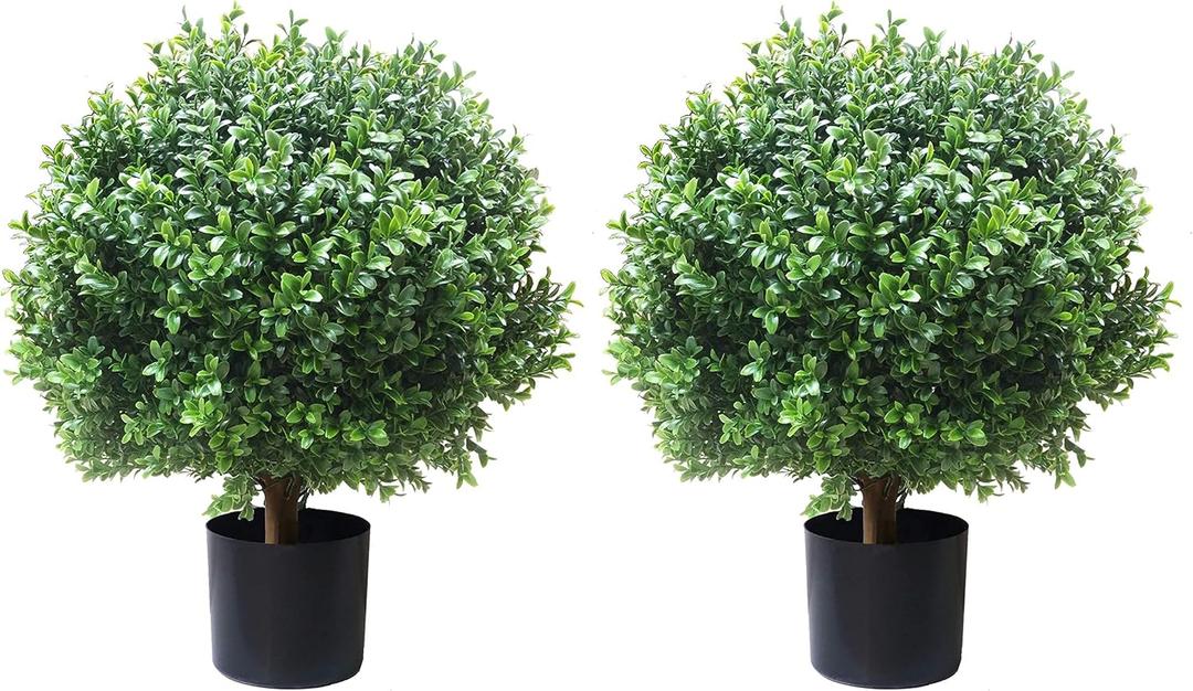 ALL SEASON GREEN 2'T 18''W Boxwood Ball Artificial Topiary Trees Potted Faux Outdoor Plants for Home Porch Decor Set of 2 (Medium)