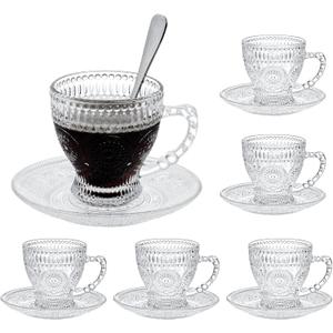 Glass Teacups and Saucers Set of 6, Vintage Coffee Mugs with Stainless Steel Spoon, Dishwasher & Microwave Safe Teacups for Espresso Cappuccino Latte Tea Juice, 7OZ/210ML, Clear