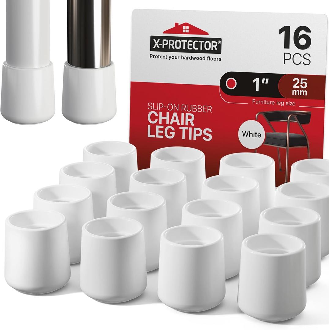X-Protector Rubber Chair Leg Caps - 16 PCS 1" Rubber Feet - Non-Slip - White - Keep Furniture in Place!
