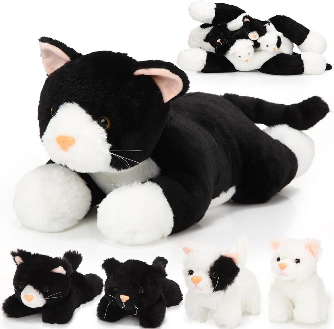 Skylety 5 Pieces Cat Stuffed Animal with Babies Inside Belly Plush Cat Pregnant Mommy Kitty with 4 Cute Fluffy Stuffed Kittens Christmas Birthday Surprise Gifts(Black, White)