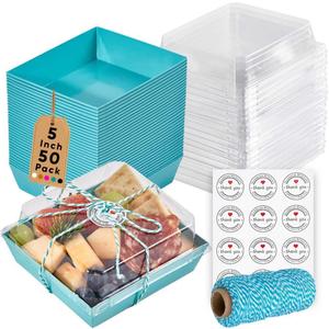 Leafiew 50 Pack Small Charcuterie Boxes with Clear Lids - To Go Paper Mini Charcuterie Box, Disposable Food Containers, 5Inch Dessert Boxes - Sandwich, Cookie, Sushi, Cake Slice, Strawberries (Blue)
