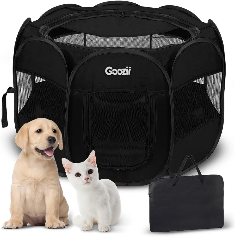 Goozii Foldable Portable Dog Playpen for Medium Dogs Indoor Outdoor, Big Dog Pet Playpen Tent Kennel Crate with Cover Enclosed for The House Puppies Bunny Exercise Travel Camping (Black, Large Size)