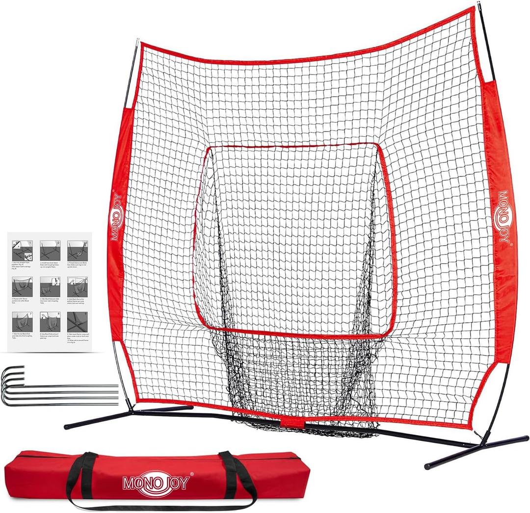 MONOJOY 7x7ft Baseball Practice Net for Hitting & Pitching,Training Net with Big Strike Zone or Batting Tee & 9-Pocket Target, Heavy-Duty Softball Net with Carry Bag for Backyard, Indoor Outdoor Use