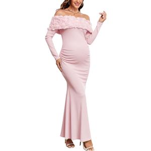 3D Floral Off The Shoulder Maternity Dress Sexy Ribbed Mermaid Maxi Bodycon Pregnancy Dresses Baby Shower (1. Long Sleeves Light Pink) XL