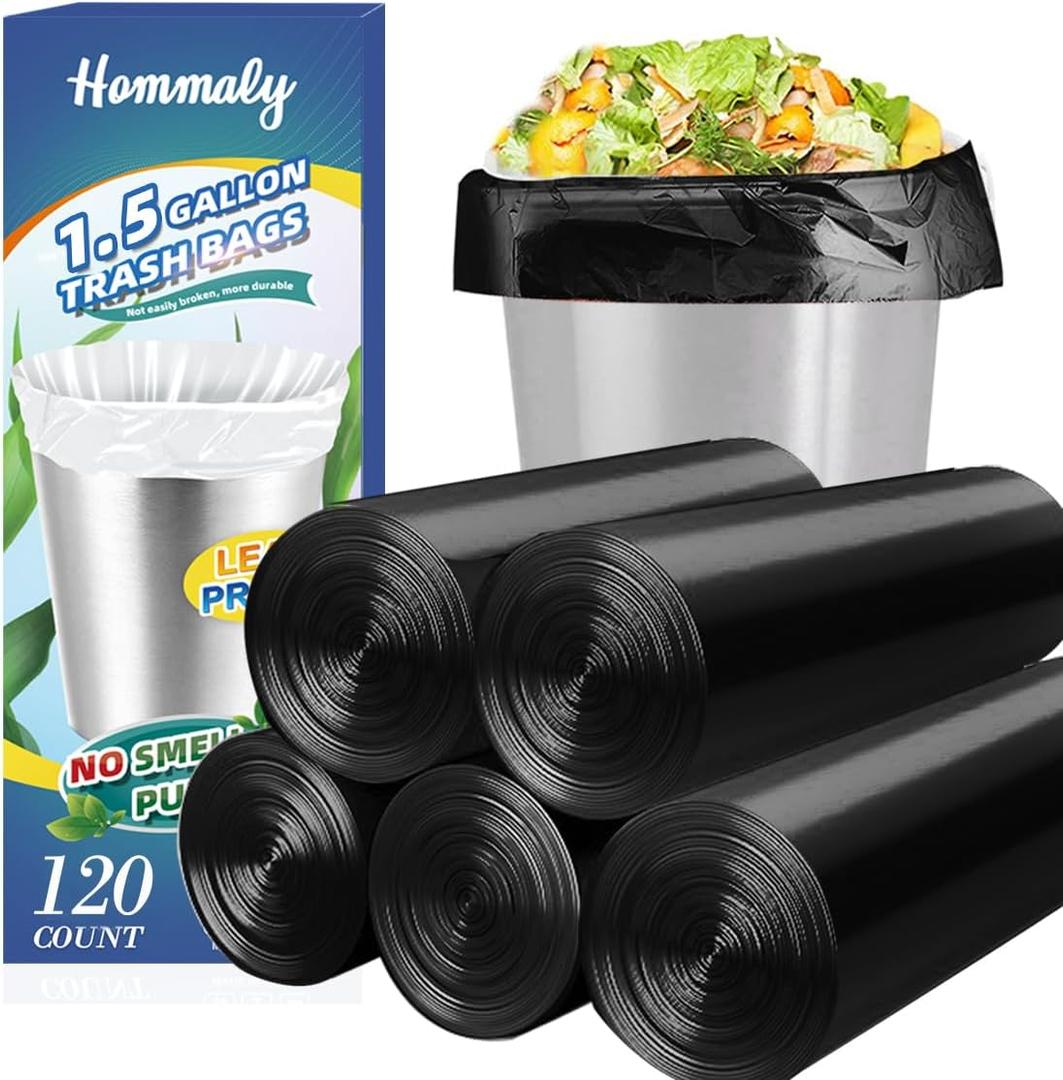 1.5 Gallon 120 pcs Small Black Trash Bags, Strong 1.3 Gallon 1.5 Gallon 1.6 Gallon Garbage Bags, Bathroom Trash Can Bin Liners,Mini Bags Waste Basket Liner,Fit 5-6 Liter, 1.5 Gal-Black-120