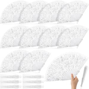 Roowest 12 Pcs Rose Lace Fan Handheld Floral Folding Fans with Organza Bags Chinese Retro Foldable Decor Bridal Dancing Prop Hand Held Cosplay Costume for Party Wedding Birthday Church Tea(Silver)