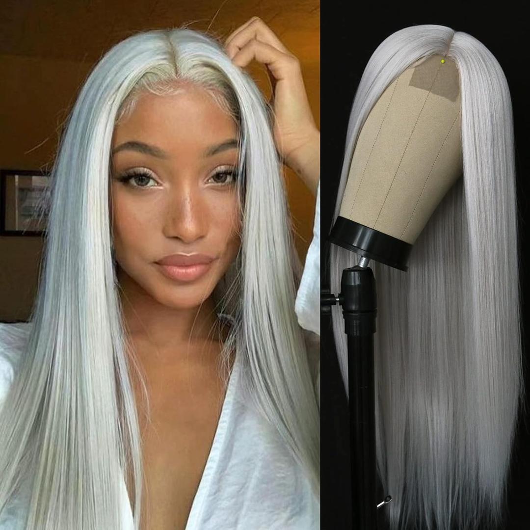 Silver Grey Long Straight Wig for Women Cosplay Ash White Wig Glueless Lace Front Wigs for White Women Long Wig Heat Resistant Colored Wig Daily(Syhthetic 24 Inches)