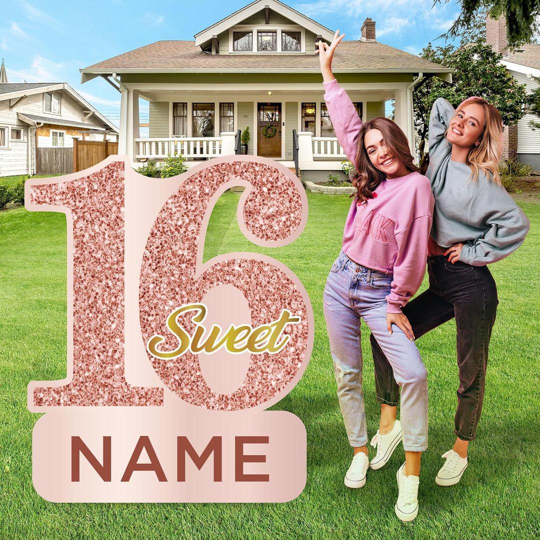 27.5 Inch Sweet 16 Happy Birthday Large Yard Signs Sweet 16 Birthday Decorations Rose Gold Personalized Name 16th Birthday Lawn Sign with Stakes for Girls Outdoor Sweet 16 Party Celebrations Supplies