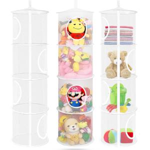 3Pcs Stuffed Animal Storage Foldable Stuffed Animal Net or Hammock Organizer, 4 Compartments Hanging Toy Storage Organizer, Toy Organizer for Kid Room Toys, Gloves, Hats, Socks(White)
