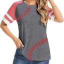 Womens Baseball Mom Tee Summer Short Sleeve Crewneck Baseball Print Patchwork Raglan Tops (L)