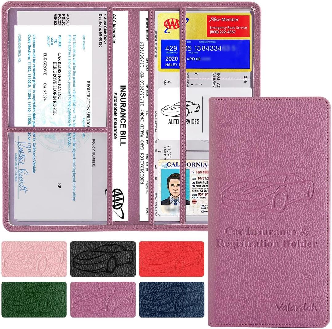 Valardoh Premium Car Registration and Insurance Card Holder, Car Document Holder for Cards, Driver License & other Essential Documents (Purple)