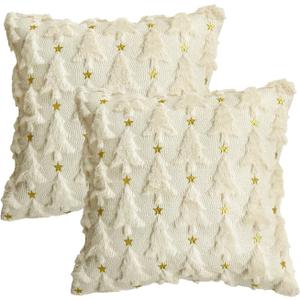 AVOIN colorlife Christmas Tree Star Beige Throw Pillow Cover Set of 2, 20 x 20 Inch Soft Plush Faux Fur Jacquard Festivals Winter Cushion Case Decoration for Sofa Couch