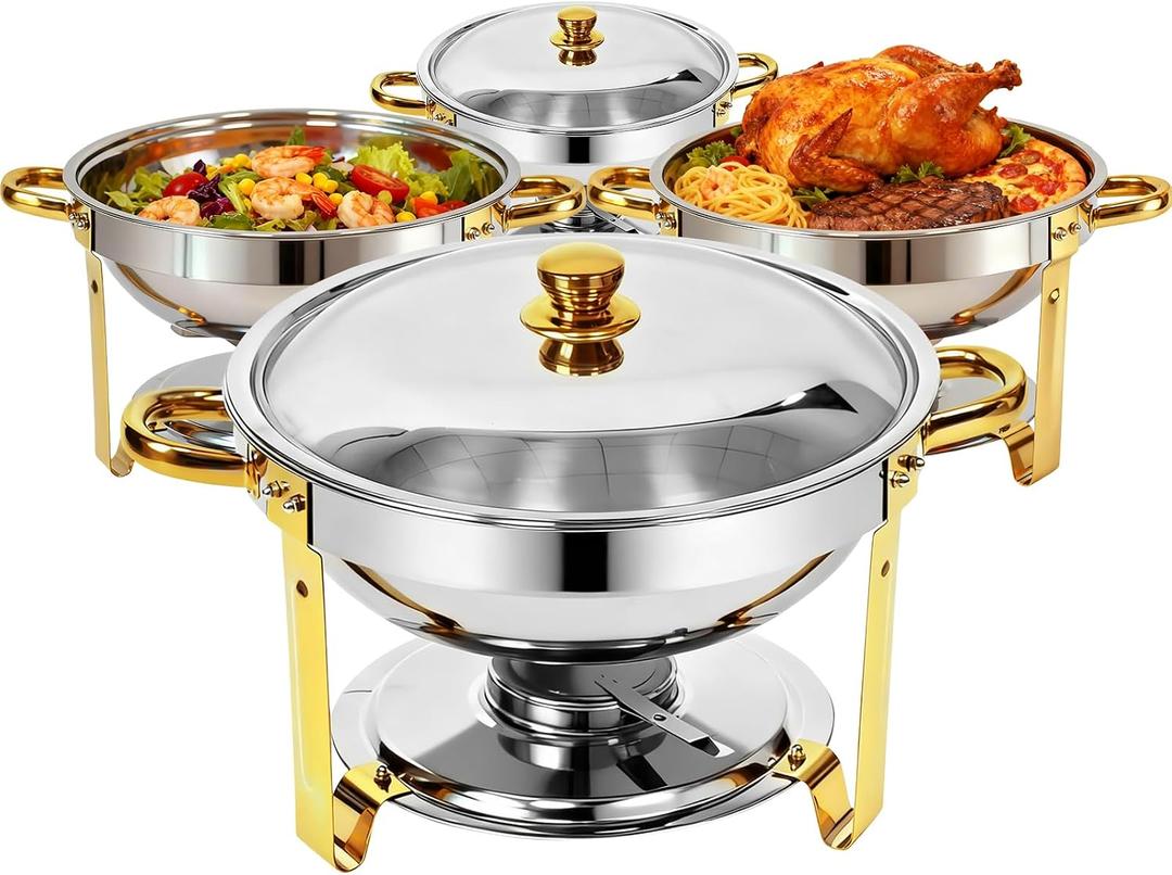 Chafing Dishes for Buffet 4 Pack, 6QT Round Chafing Dish Buffet Set 304 Stainless Steel Food Warmers for Parties Buffet Catering Events, Buffet Servers and Warmers, Chafers Servers Sets, Gold & Silver