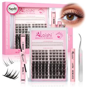 Lash Clusters Kit, DIY Cluster Eyelash Extensions 516mm,124pcs Fluffy D Curl Natural Lashes with Bond and Seal,Remover, TweezersNatural Fake Cat Eye Individual Manga Clusters 1-3-L