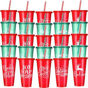 Tioncy 30 Pcs Christmas Plastic Cups with Lids and Straw Bulk, Reusable Christmas Plastic Cups 25 Oz, Christmas Drinking Cups for Juice Coffee Cold Drinks Christmas Party Supplies, 10 Styles