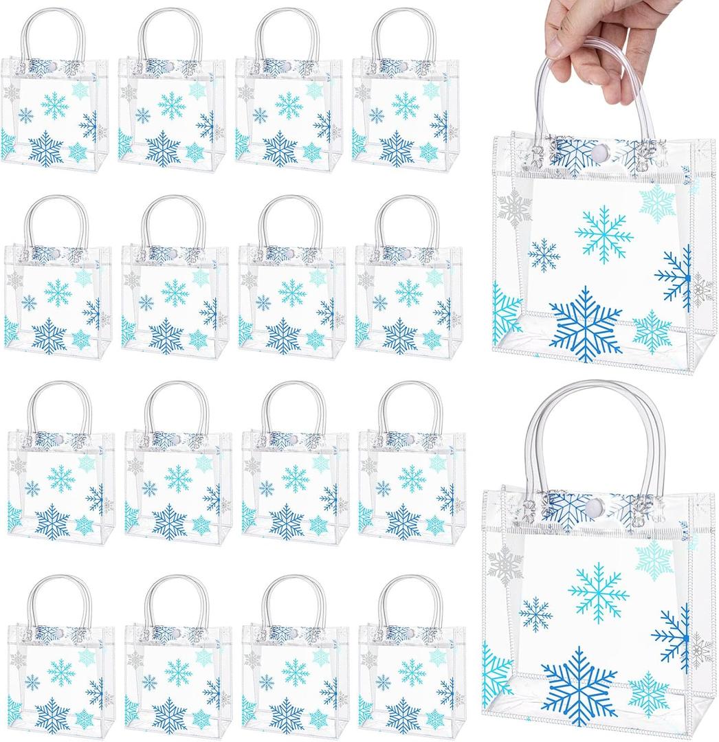 Sweetude 50 Pieces Christmas Snowflake Clear Gift Bags Party Favor Bag with Handles Gift Bags Plastic Winter Wine Gift Tote Bags for Birthday Wedding Party Supplies(Blue,6.3 x 5.91 x 3.15 Inches)