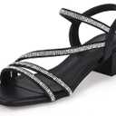 IDIFU IN2 Rhinestone Low Heels for Women Strappy Chunky Block Short Square Open Toe Heeled Sandals Wedding Bride Party Dress Shoes Comfortable Dressy Sparkly Bling Thick Heels 7.5