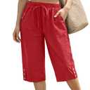 WROLEM Women Pocket Pants Lightweight Wide Leg Drawstring Elastic Waist Lounge Cropped Pants (XL, Red)