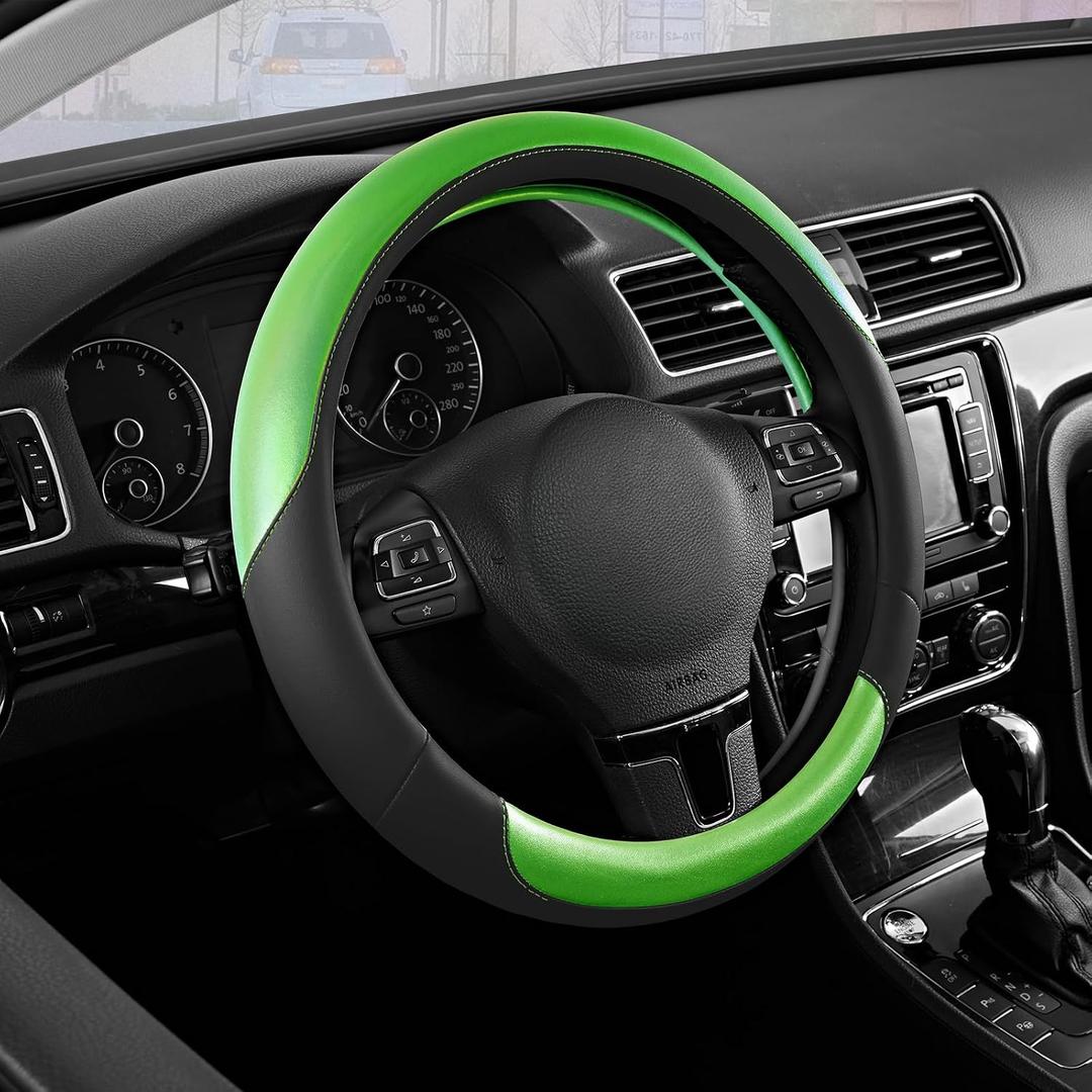 Road Comforts Steering Wheel Cover Breathable Leather Steering Wheel Cover, Anti-Slip Grip, Universal Fit 14.5 to 15, Heat & Cold Resistant for Cars, SUVs, and Trucks Black & Shining Green