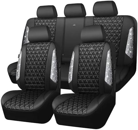CAR PASS Bling Diamond Leather Car Seat Covers Full Seats Interior Sets, Waterproof Shining Glitter Sparkly Crystal Universal Armrest Fit Automotive Truck SUV Cute Women Girl, Black Silver Rhinestone Blac