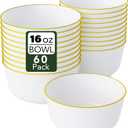White With Gold Rim Disposable Plastic Bowls - 16 Oz, 60 Count - Large, Heavy Duty Soup & Cereal Bowls - Perfect For Weddings & Parties