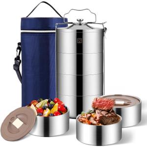GOLDEN KEY 80oz Stainless Steel Stackbale Lunch Box for Adult, 4-Tier Insulated Food Container, Leak-Proof & Stackable Large Capacity Metal Bento Box with Lunch Bag, (80OZ, Silver)