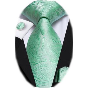 Dubulle Mens Paisley Striped Tie WOVEN Necktie for Men and Handkerchief Cufflinks Set Wedding Formal Business (B Mint Green)