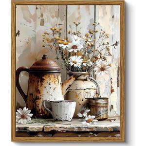 Qenundme Framed Rustic Farmhouse Floral Canvas Wall Art Florals in Rusty Cans Print Posters Vintage Country Flower Still Life Pictures Paintings Prints for Bathroom Bedroom Living room Decor 12X16in (16L" x 12W", Daisy)
