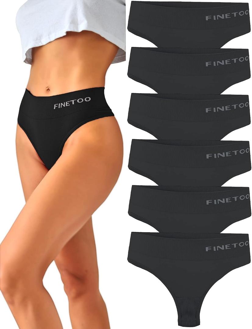 FINETOO 6 Pack High Waisted Thongs for Women, Nylon Spandex Panties Breathable Soft Stretchy Underwear High Rise L Black