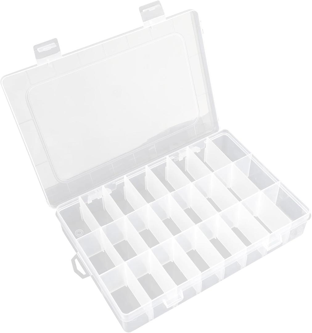 OALCQ 24 Grids Plastic Organizer Box With Dividers Clear Craft Storage Bead Organizer Box Earring Travel Pill Jewelry Organizers Storage Boxes Screw Seed Small Parts Hair Tie