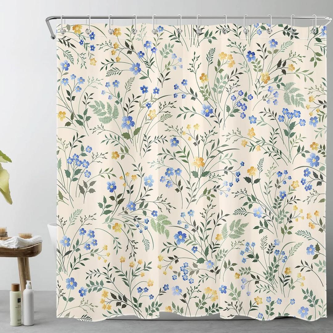 LB Country Wildflower Shower Curtain Decor,Blue and Yellow Floral Green Leaf Plant on Beige Shower Curtain for Bathroom 72X72 inch Polyester Fabric Bathroom Decoration Bath Curtains Hooks Included