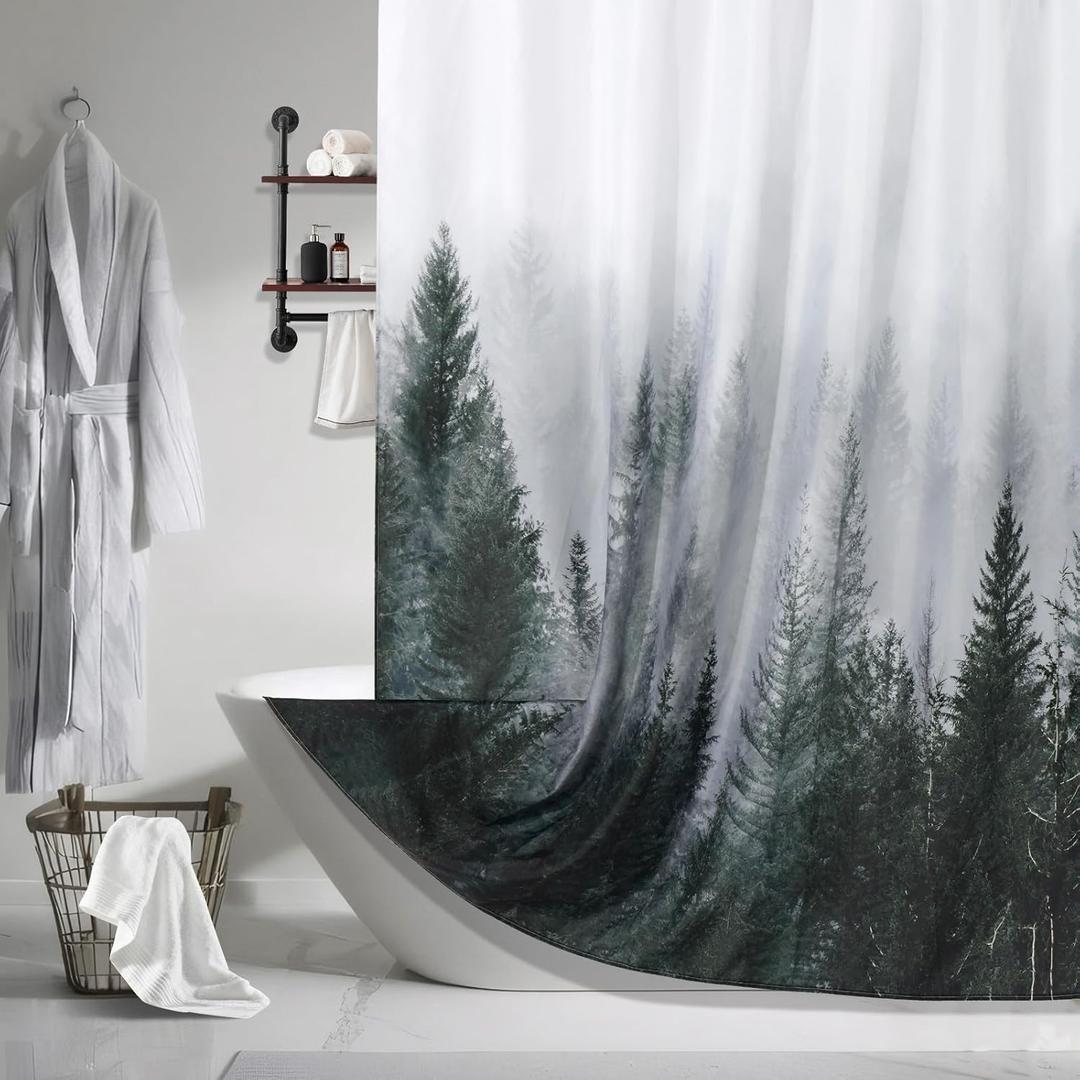 ORTIGIA 84 Inch Long Dark Green Misty Forest Shower Curtain for Bathroom, Nature Woodland Shower Curtain Set with Metal Hooks, Decorative Pine Tree Fog Magic Bath Curtain, Weighted, 72x84