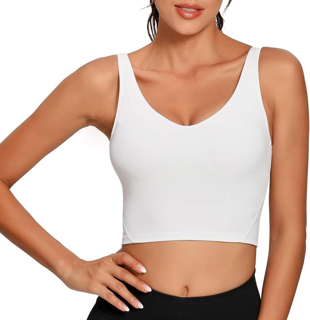 Lemedy Women Sports Bra Longline Crop Tank Top Padded Workout Running Yoga (Small, White)