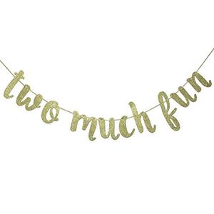 Two Much Fun Banner, 2nd Birthday Garland Sign Party Decorations Anniversary Decor Photo Booth Props Gold