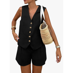 PRETTYGARDEN Women's Summer 2 Piece Outfits Sleeveless Matching Sets Button Down V Neck Vest Waistcoat and Pockets Shorts S