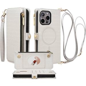 Crossbody Wallet Case for iPhone 15 Pro Max with Mirror, Wrist Strap, Zipper Purse Magnetic Flip RFID Blocking Card Holder, Wireless Charging, PU Leather Shockproof 6.7" Women (White)
