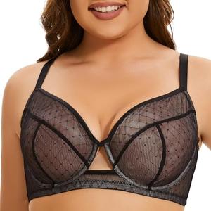 ANGABRIEL Women's Sheer Mesh Full Coverage Unlined Underwire Bra, Sexy Plus Size See-Through Bras for Big Bust (DDD, 40, Black-2067)