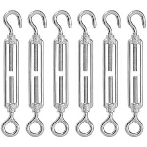 High-PQ Stainless Steel Turnbuckle Tensioner, Heavy Duty Turnbuckles, Hook and Eye Turnbuckle for Cable Tent Installation Sun Shade Gardening Decoration (M6, 6PCS）