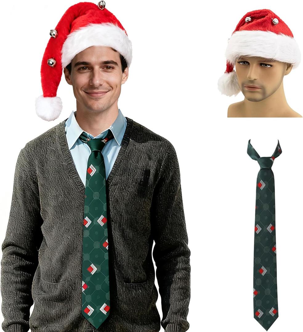 Hat Men 1989s Vacation movie Costume Accessory Tie Santa Hat Set for Holiday Party (Red)