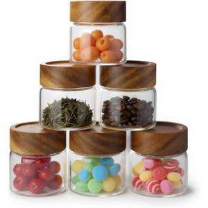 6-Pack 6 fl oz Airtight Food Sealed Jars with Acacia Wood Lids - Glass Meal Prep Containers for Overnight Oats, Snack Storage, Chia Pudding, Pantry Organization Essentials