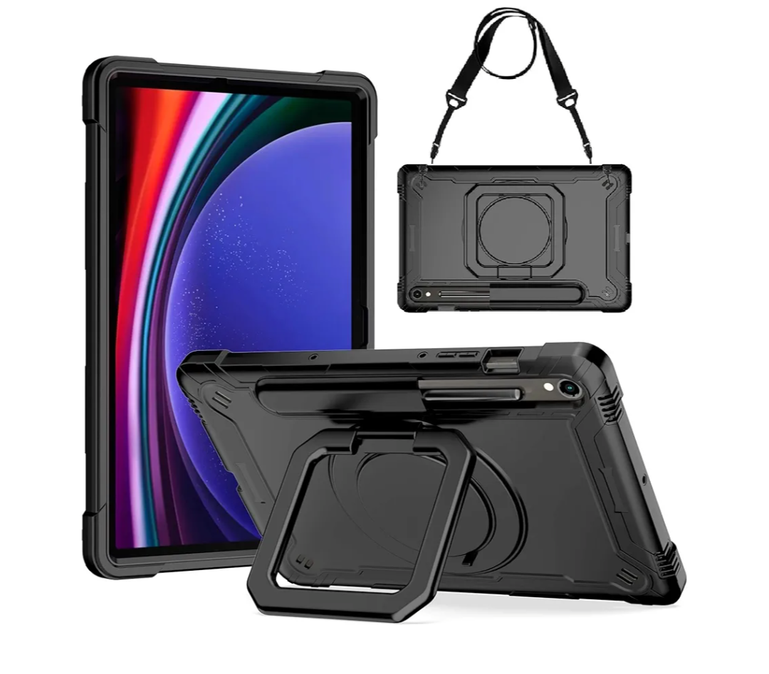 Case for Samsung Galaxy Tab S10 FE/S9 FE 5G (10.9 inch), Rugged Armor Heavy Duty Hybrid Cover with Adjustable Stand and Handle (Black/Black)